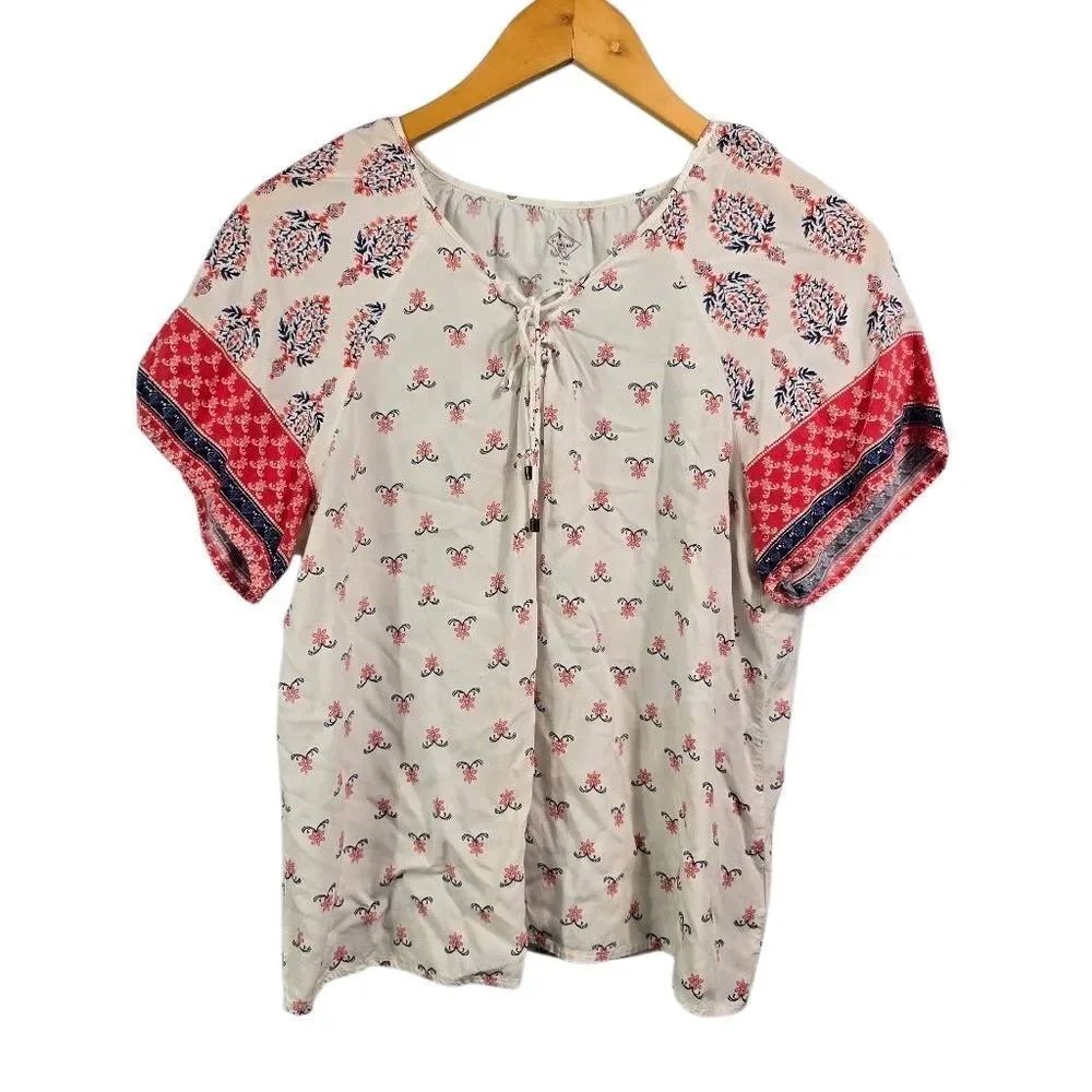 St. John's BayβCream Boho Blouse with Red & Navy Patterned Sleeves Size PL